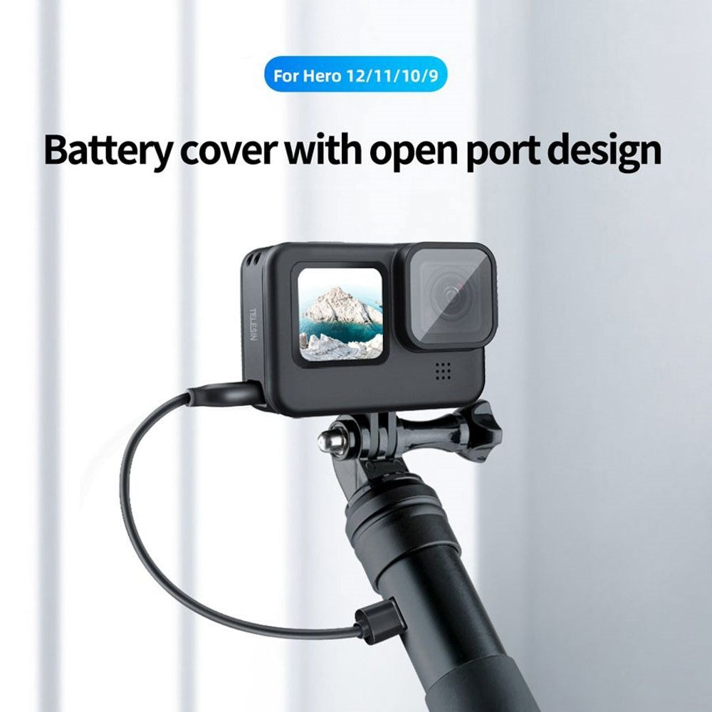 TELESIN GoPro Hero 9 / 10 / 11 / 12 / 13 Batteri Cover m. Udskæring til Kabel - Sort