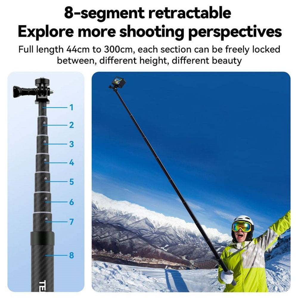 TELESIN Teleskopisk Selfie Stang m. Silikonegreb - 3 meter - Sort / Grå