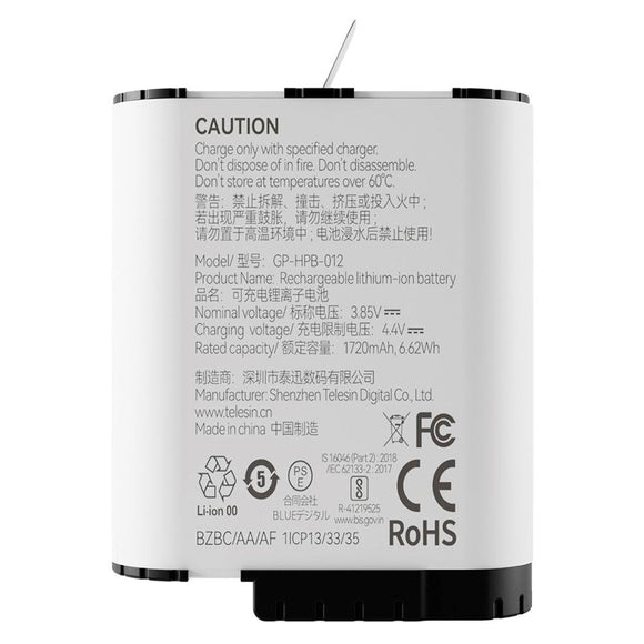 TELESIN Stamina Batteri til GoPro Hero 9 / 10 / 11 / 12 - Hvid