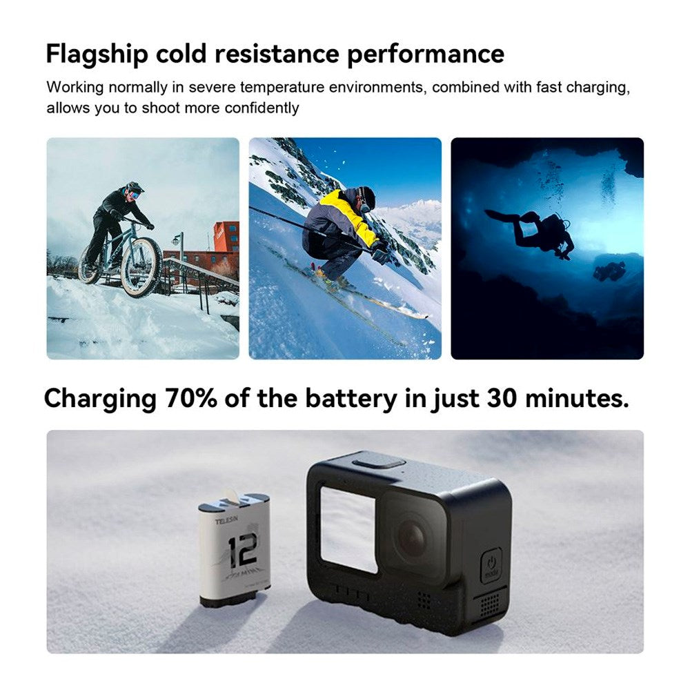 TELESIN Stamina Batteri til GoPro Hero 9 / 10 / 11 / 12 - Hvid