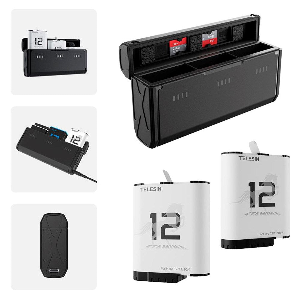 TELESIN Batteri Opladningscase & 2x Stamina Batteri Kit til GoPro Hero 9 / 10 / 11 / 12 - Sort