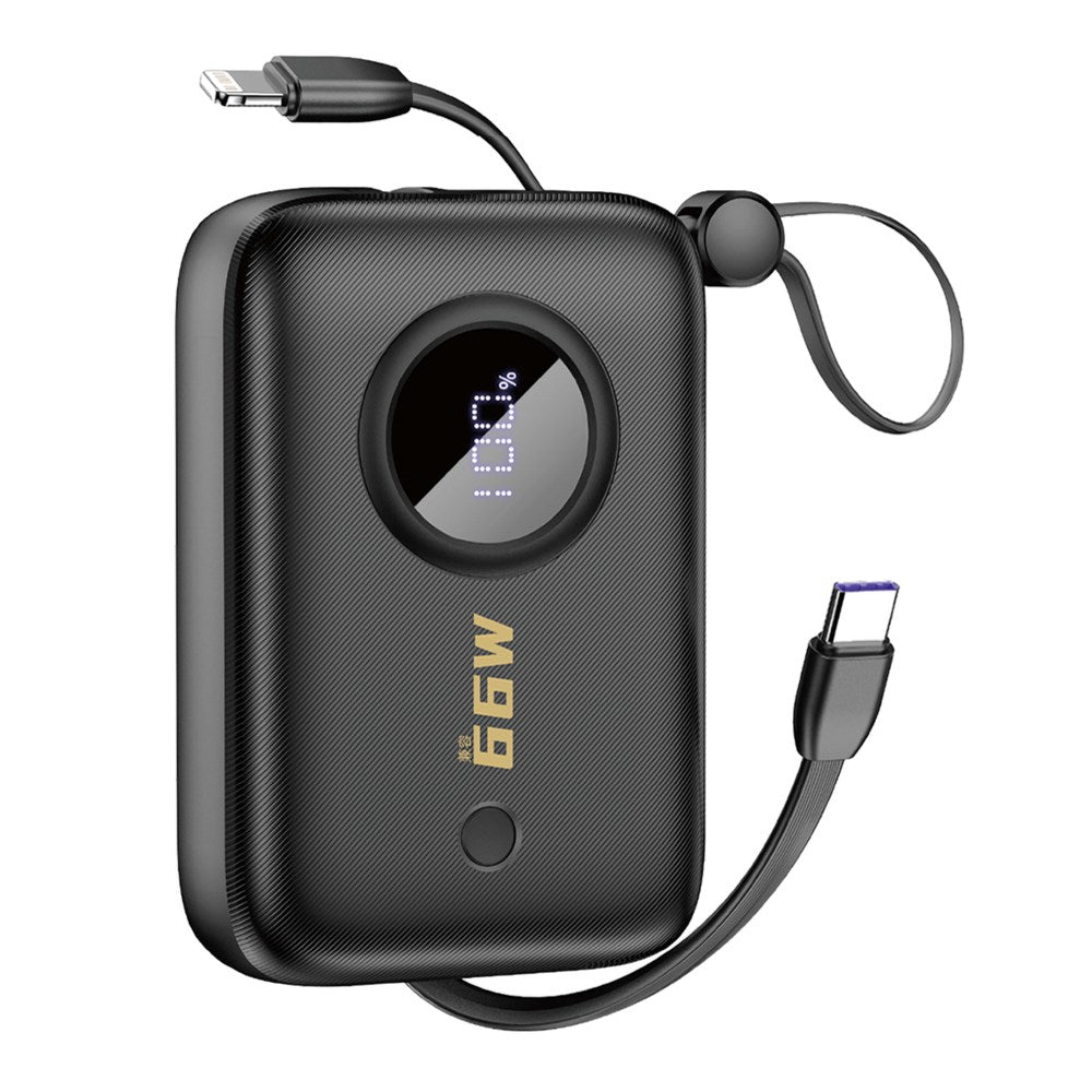 Dudao K14 10.000 mAh PowerBank m. Indbygget USB-C Kabel & Lightning Kabel - Sort