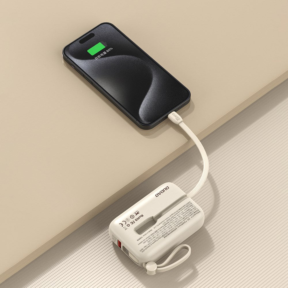 Dudao K14 10.000 mAh PowerBank m. Indbygget USB-C Kabel & Lightning Kabel - Beige