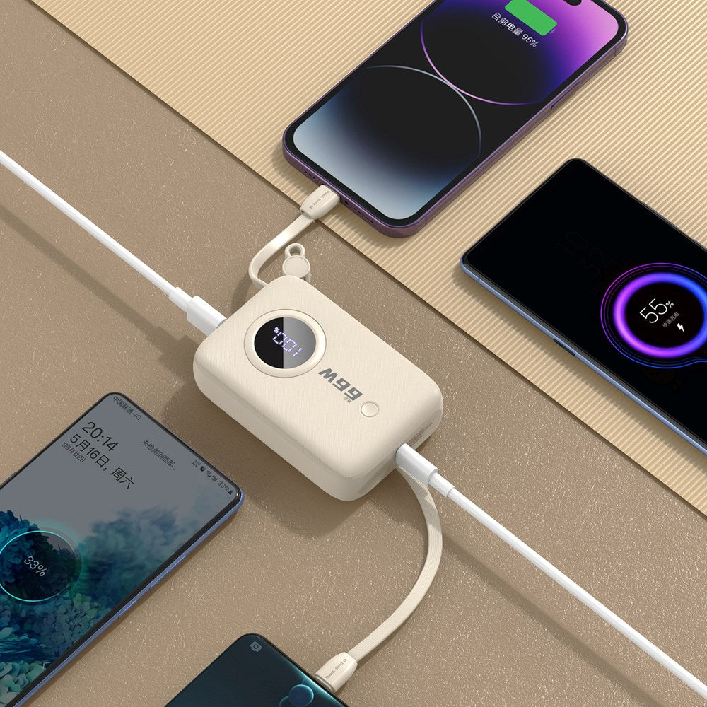 Dudao K14 10.000 mAh PowerBank m. Indbygget USB-C Kabel & Lightning Kabel - Beige