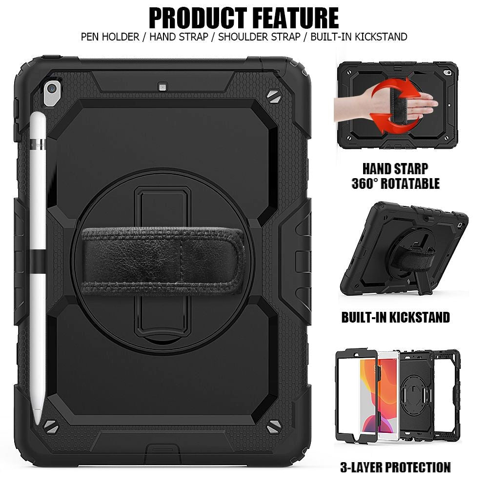 iPad 10.2" (2021 / 2020 / 2019) Tech-Protect Solid360 Håndværker Cover m. Beskyttelsesfilm, Håndholder & Skulderstrop - Sort