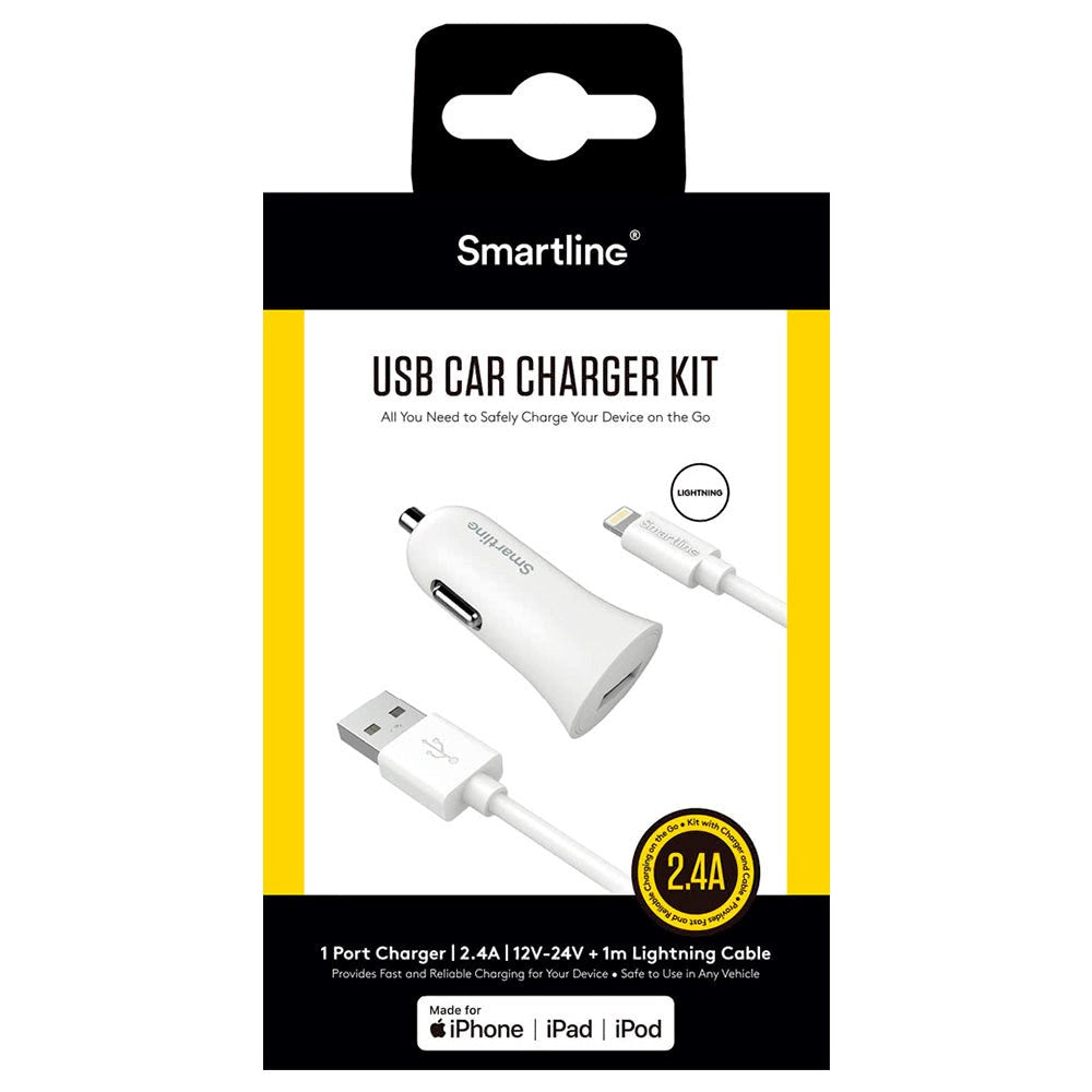 Smartline 12W Biloplader m. Lightning Kabel 1m - Hvid