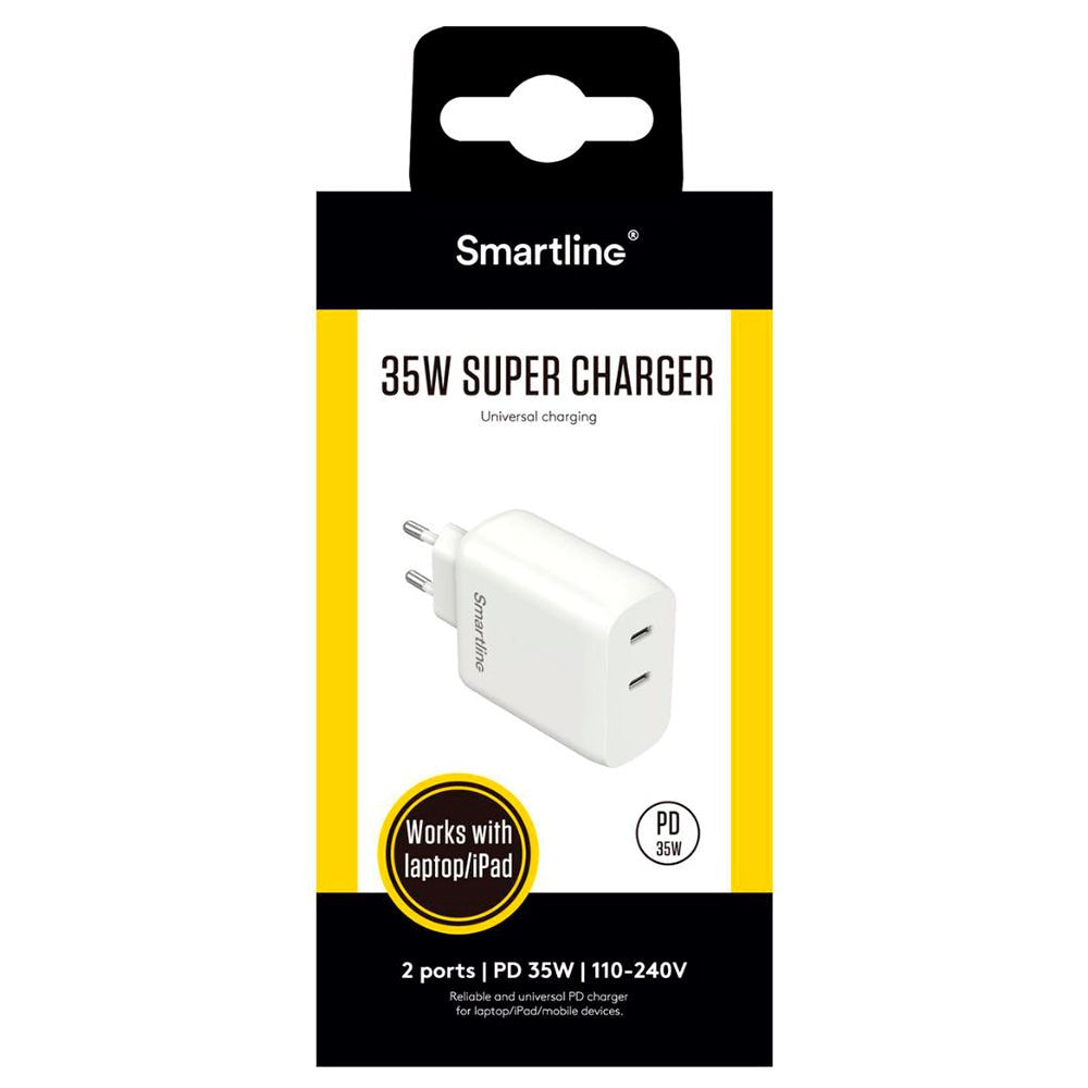 Smartline Vægoplader 35W Hurtig Oplader 2 x USB-C PD - Hvid