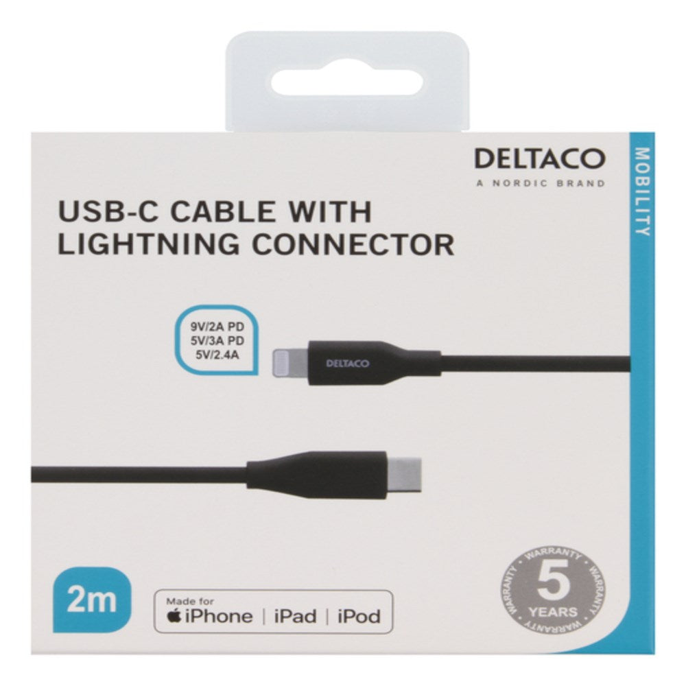 Deltaco 18W USB-C til Lightning Kabel - 2m - Sort