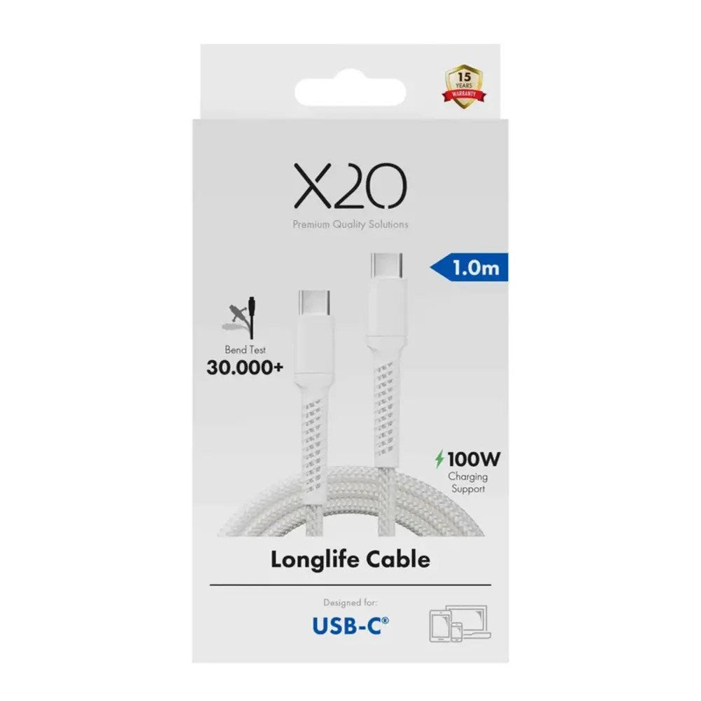 X2O Longlife 100W USB-C til USB-C Kabel - 1m - Hvid
