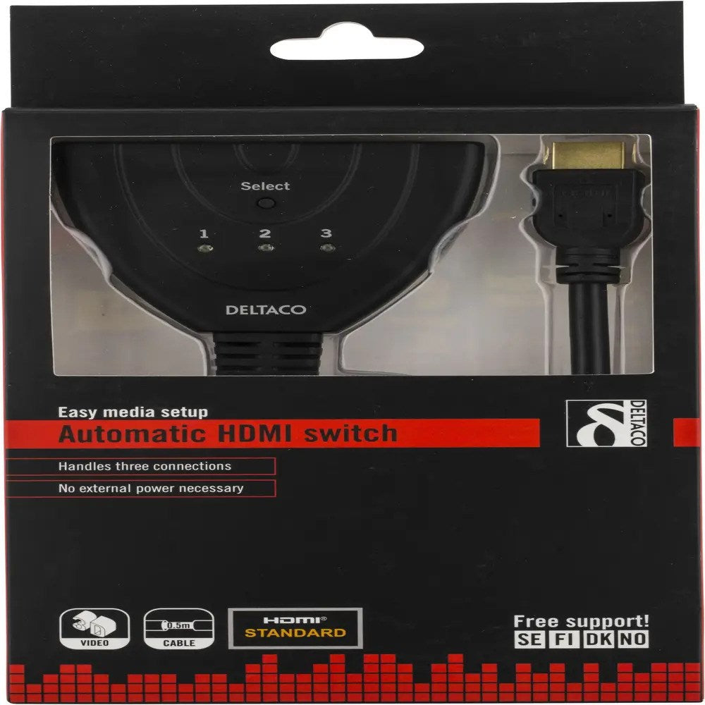 HDMI Pigtail Switch 3-i-1 Deltaco - Sort