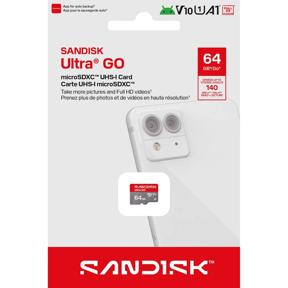 SanDisk Micro SD Ultra Go Hukommelseskort - 64GB - Rød / Grå