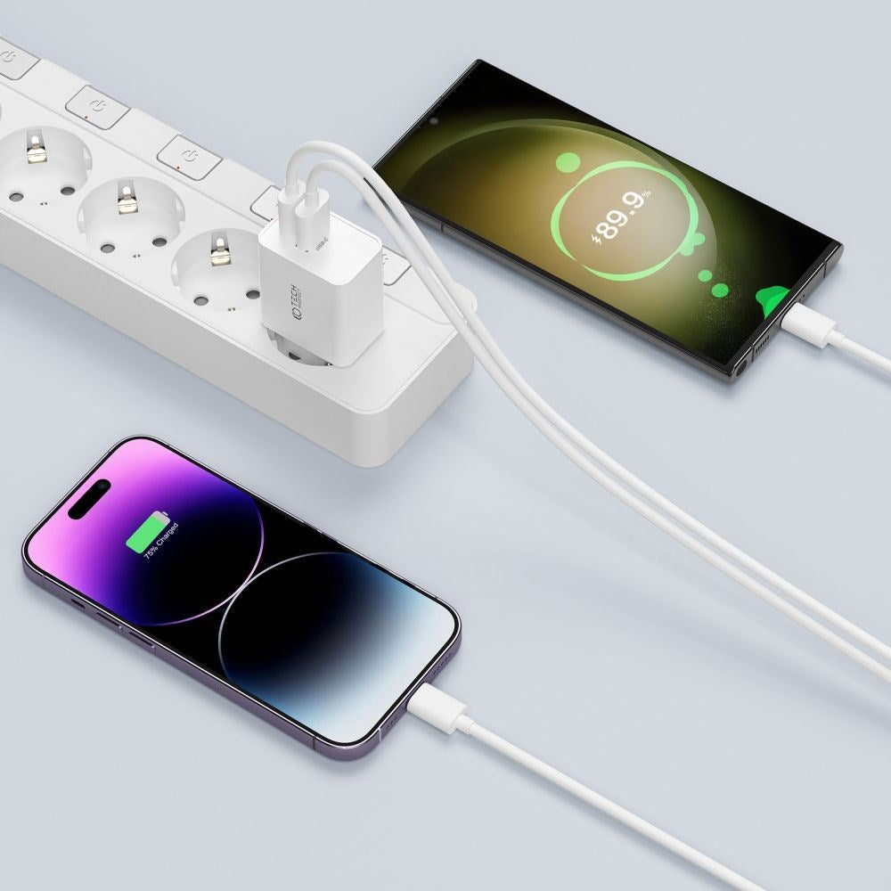 Tech-Protect PD 35W Vægoplader m. 2 x USB-C & Lightning Kabel - Hvid