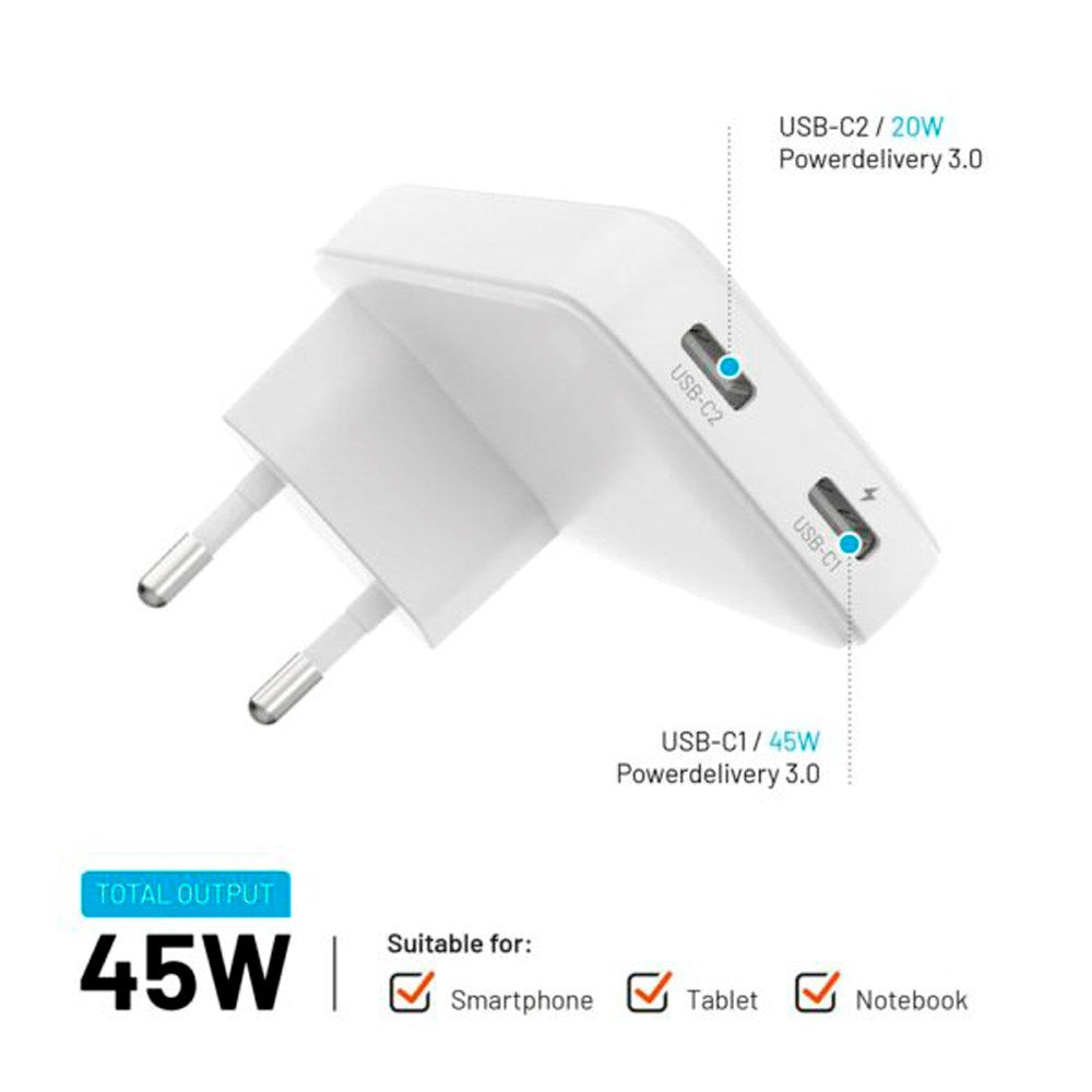 Fixed Slim GaN Superhurtig Oplader - 2x USB-C - Hvid