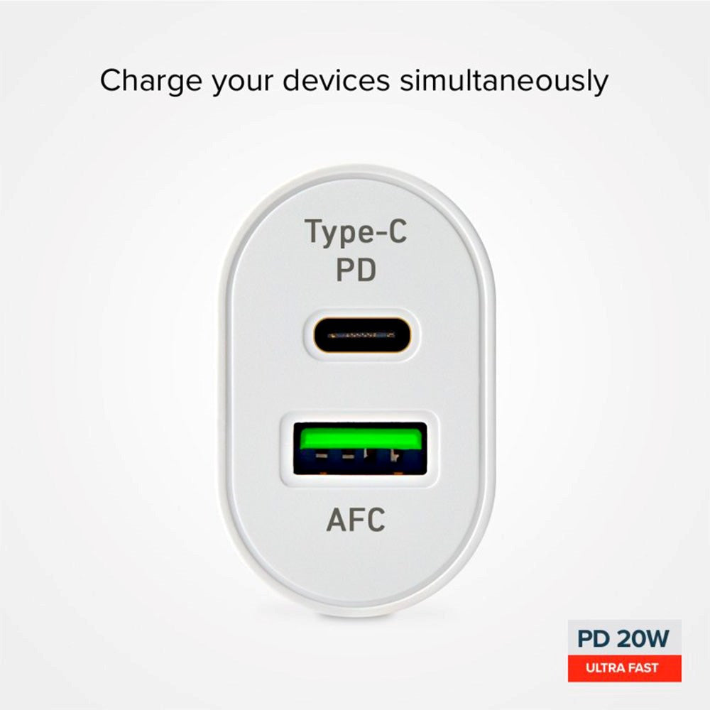 SBS 20W Vægoplader m. USB-C PD & USB-A AFC - Hvid