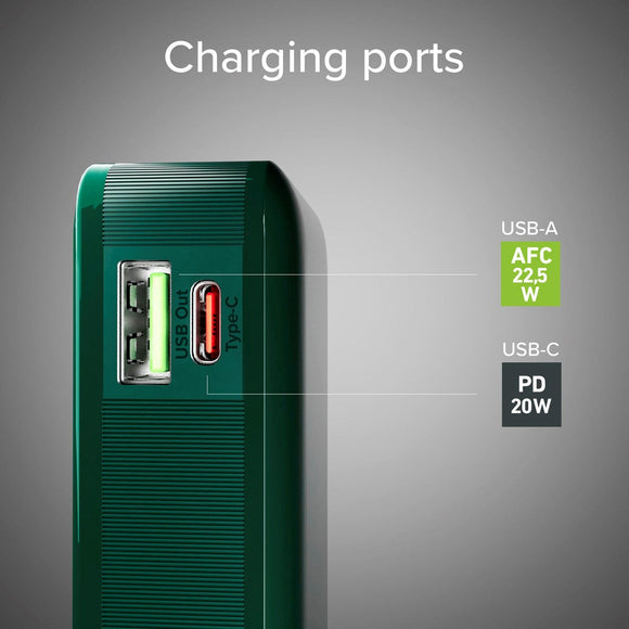 SBS - 20W LCD PowerBank m. 1x USB-A & 1x USB-C - 10.000 mAh - Grøn