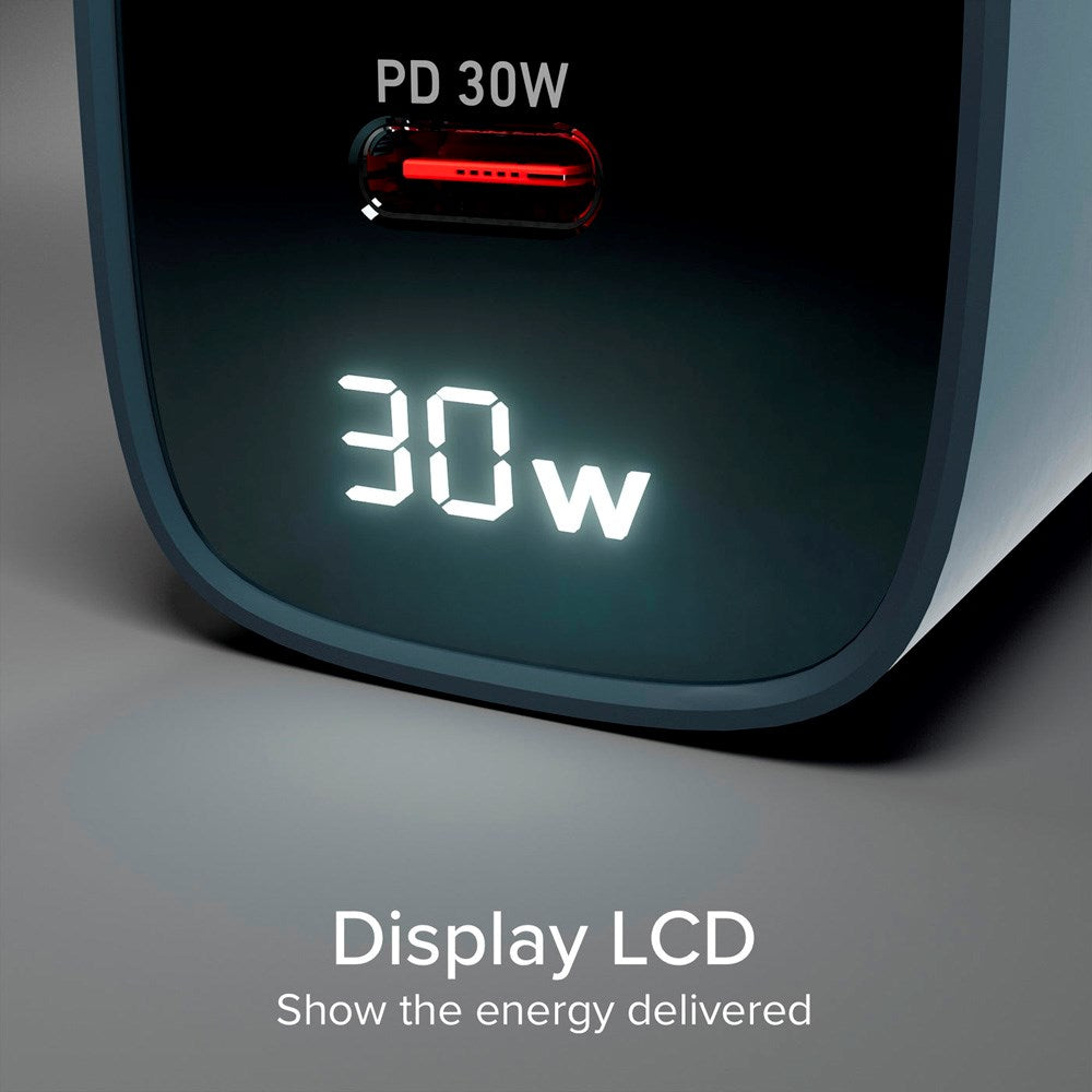 SBS - 30W LCD Vægoplader m. 1x USB-A & 1x USB-C - Blå