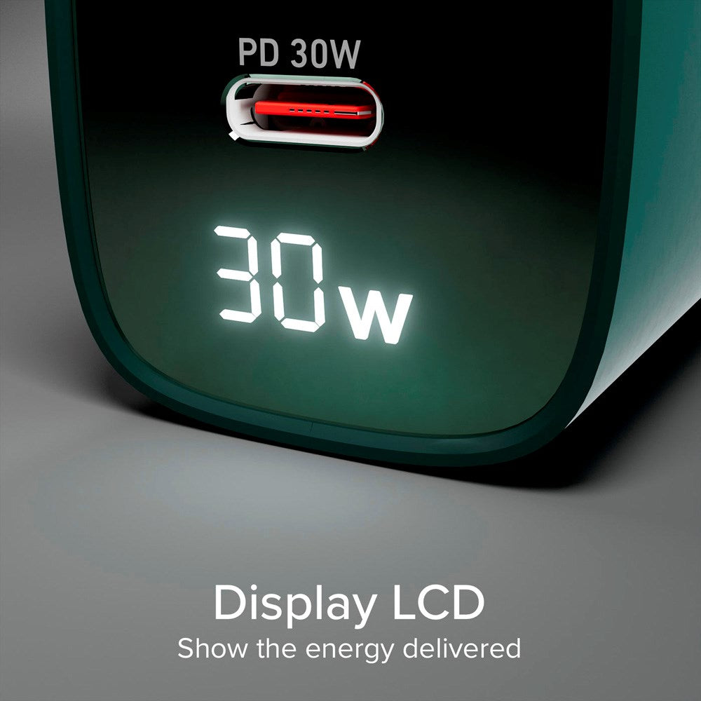SBS - 30W LCD Vægoplader m. 1x USB-A & 1x USB-C - Grøn
