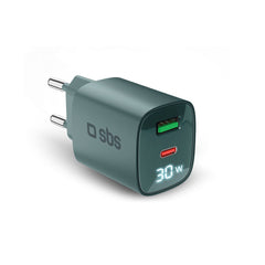 SBS - 30W LCD Vægoplader m. 1x USB-A & 1x USB-C - Lyseblå