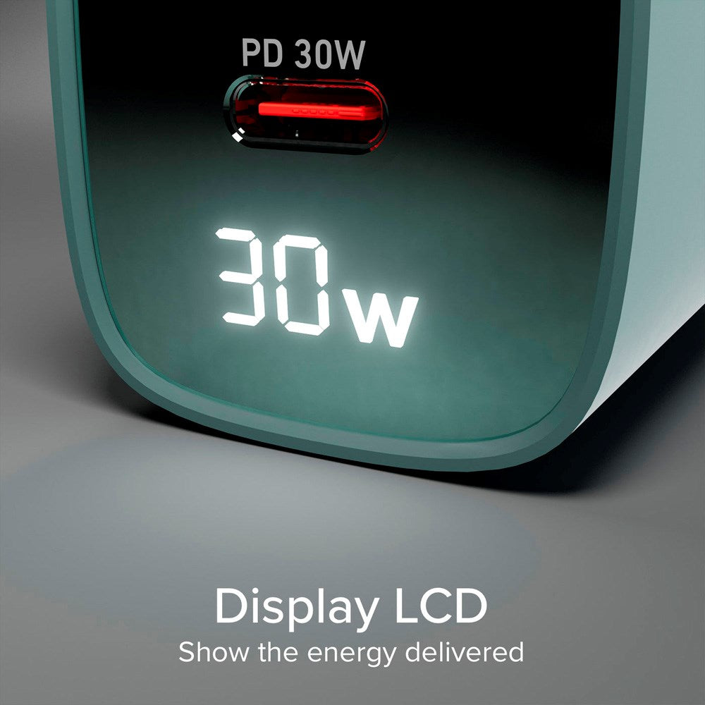 SBS - 30W LCD Vægoplader m. 1x USB-A & 1x USB-C - Lyseblå