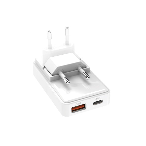 SBS 20W Flexi Foldbar Vægoplader m. 1x USB-A & 1x USB-C - Hvid