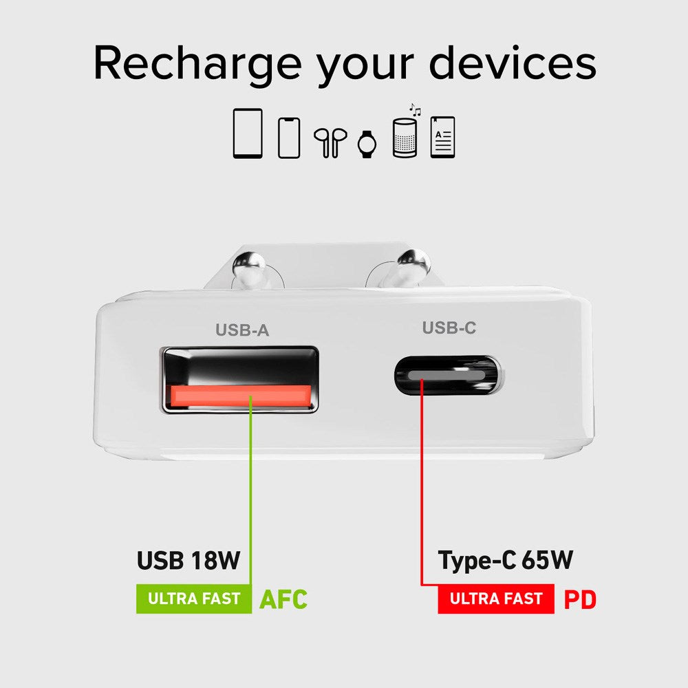 SBS 65W Flexi Foldbar Vægoplader m. 1x USB-A & 1x USB-C - Hvid