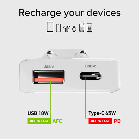 SBS 65W Flexi Foldbar Vægoplader m. 1x USB-A & 1x USB-C - Hvid