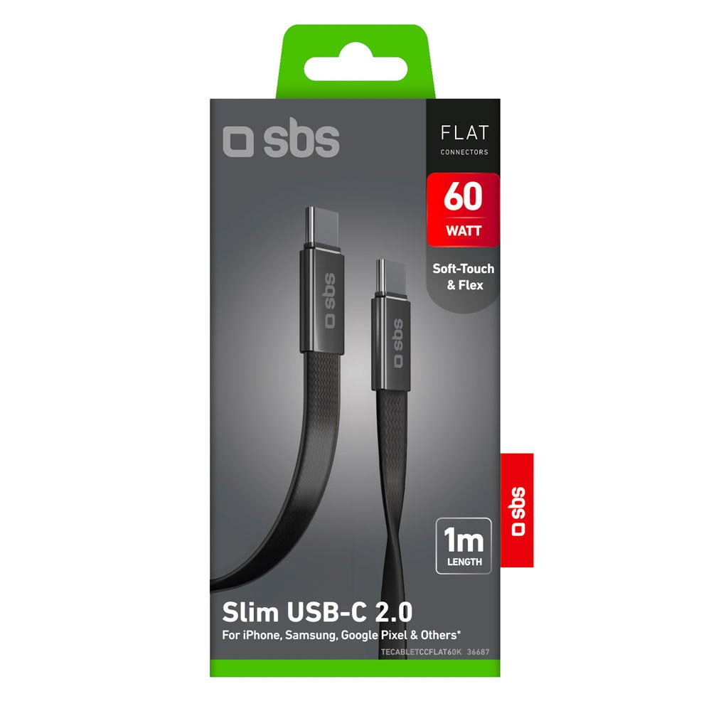 SBS 60W Fladt USB-C til USB-C Kabel - 1m - Sort