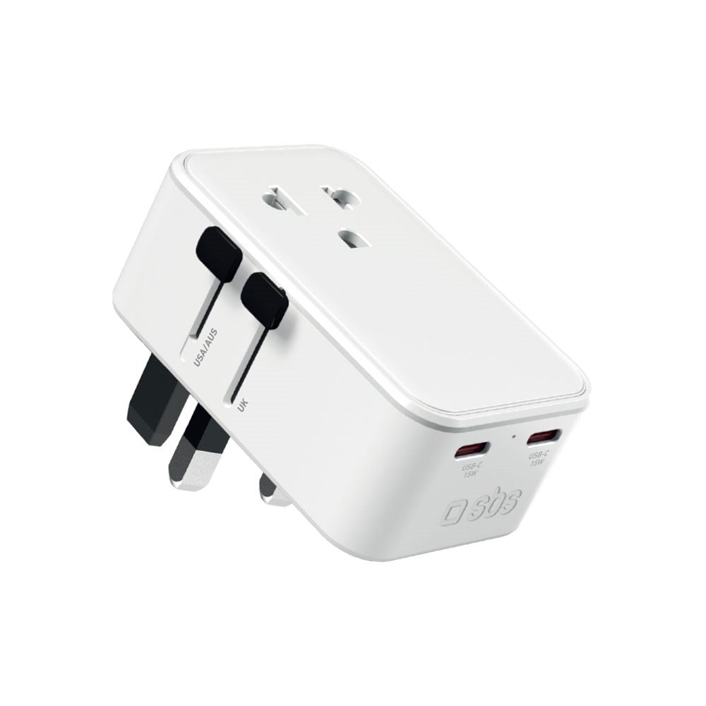 SBS Ekstra Slank Rejseadapter til UK / US / AUS m. 1 x USB-A & 2 x USB-C - Hvid