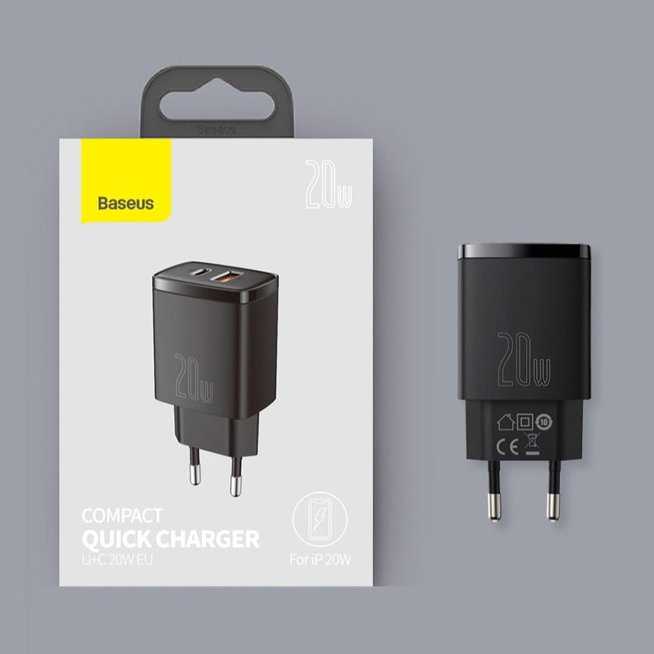 Baseus Compact 20W Vægoplader USB-C / USB-A Quick Charge - Sort
