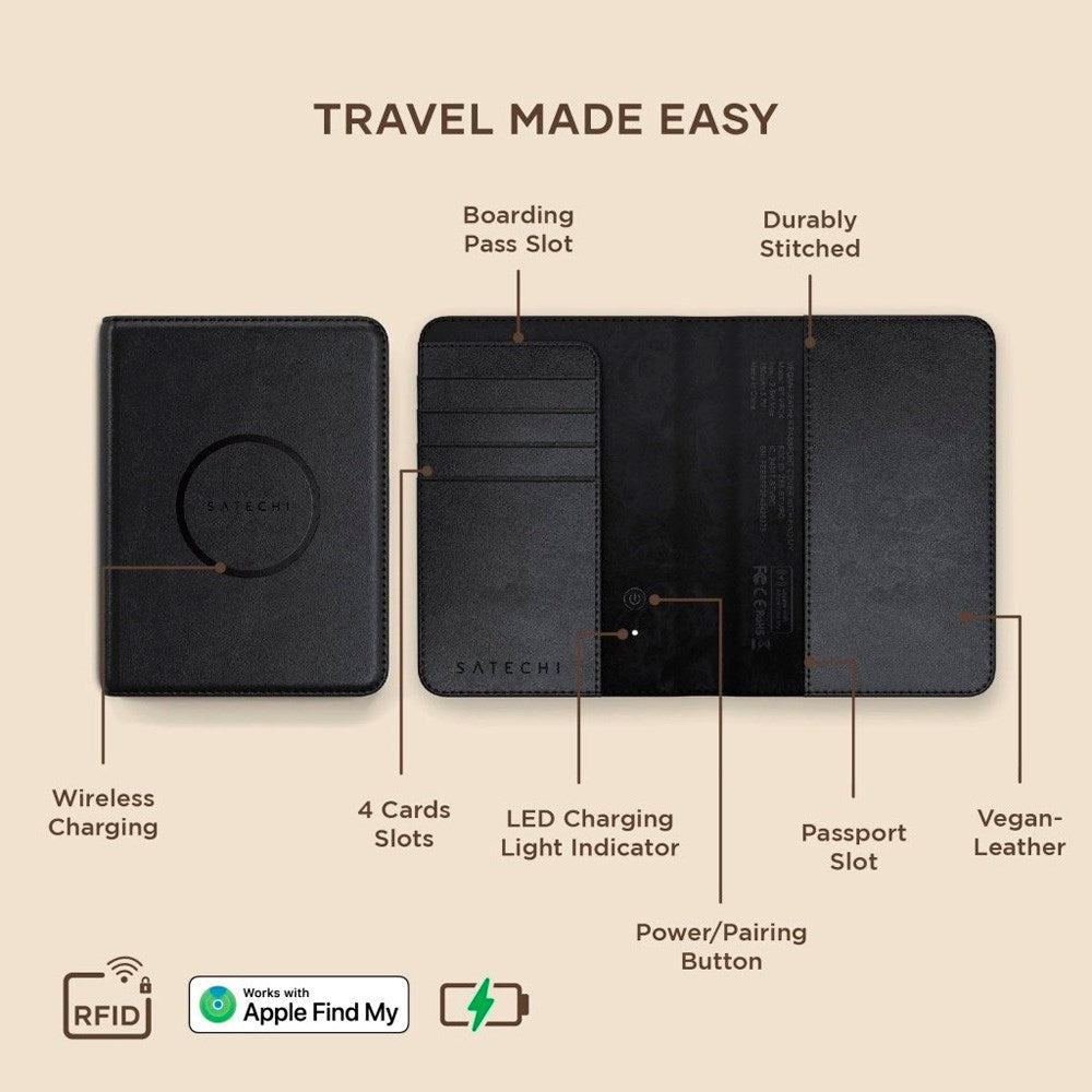 Satechi Kunstlæder Cover til Pas m. Kortholder & Tracker - MagSafe Kompatibel - Sort