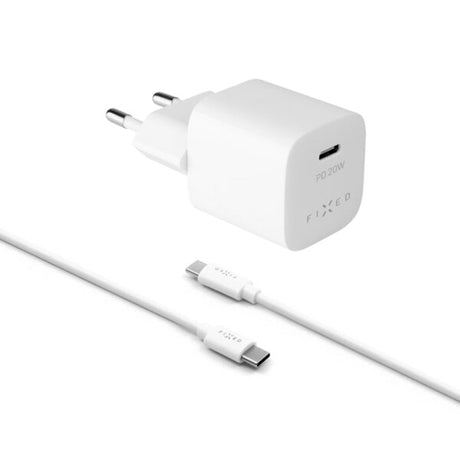 Fixed Mini Vægoplader m. 1x USB-C / 1x USB-C Kabel 20W - 1m - Hvid