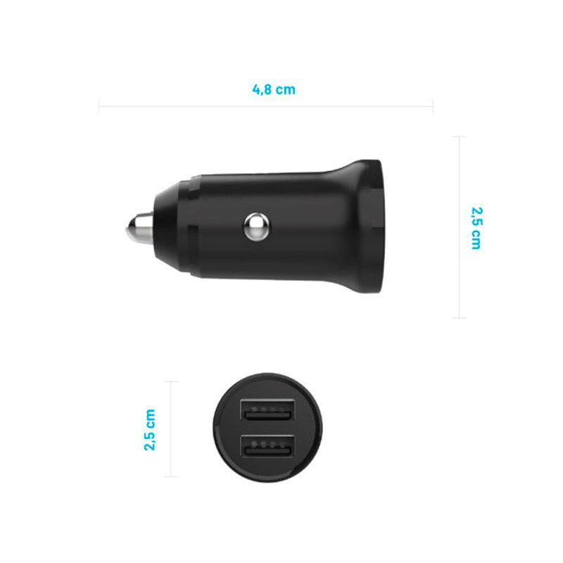 Fixed Mini Biloplader 2x USB-A / 1x USB-C Kabel 15W - 1m - Sort