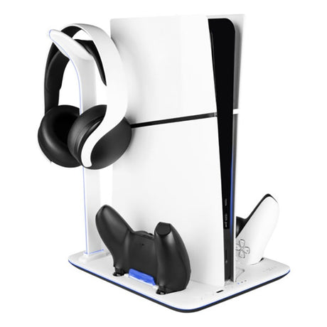 PS5 Slim Stander m. Køling / 1 x USB-A & 1 x USB-C / 2 x PS5 Controller Ladepladser - Sort / Hvid