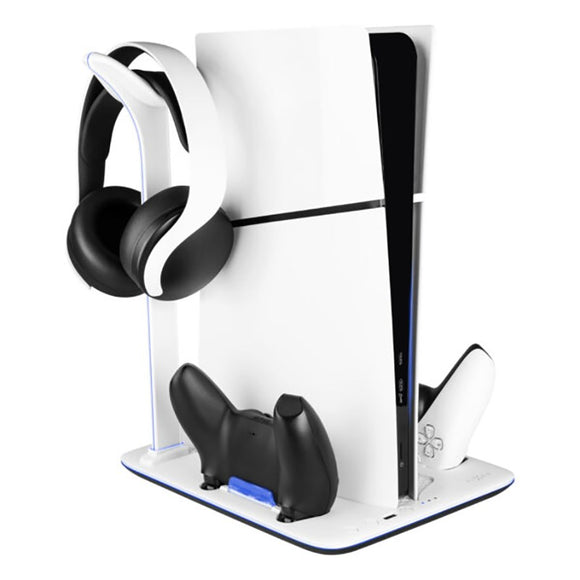 PS5 Slim Stander m. Køling / 1 x USB-A & 1 x USB-C / 2 x PS5 Controller Ladepladser - Sort / Hvid