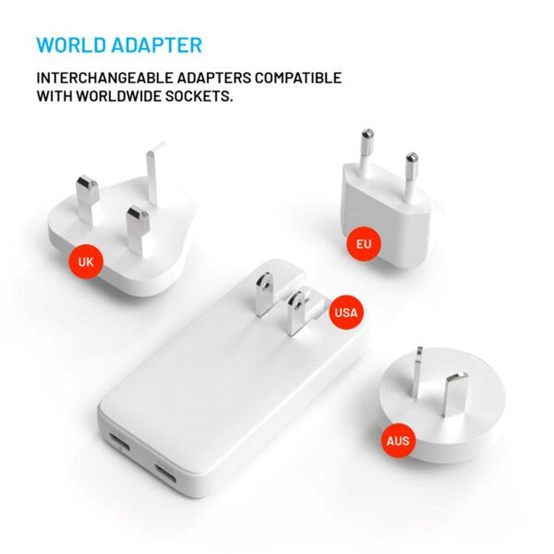 Fixed Slank Vægoplader m. 2 x USB-C & Rejseadapter - EU / UK / US / AUS - Hvid
