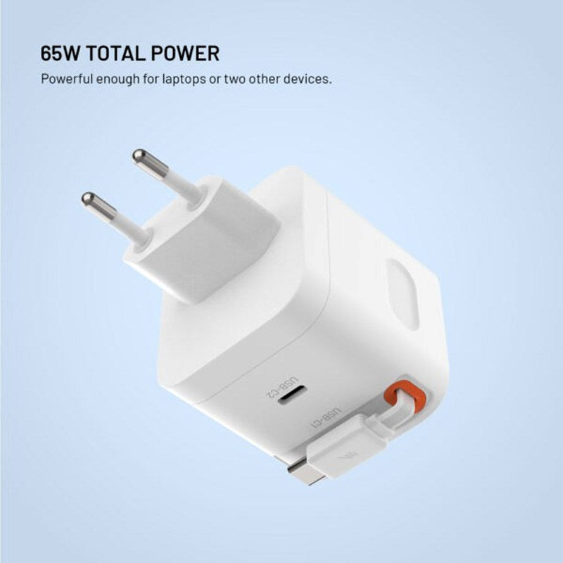 Fixed 65W USB-C Vægoplader m. Udtrækkeligt USB-C Kabel - Hvid