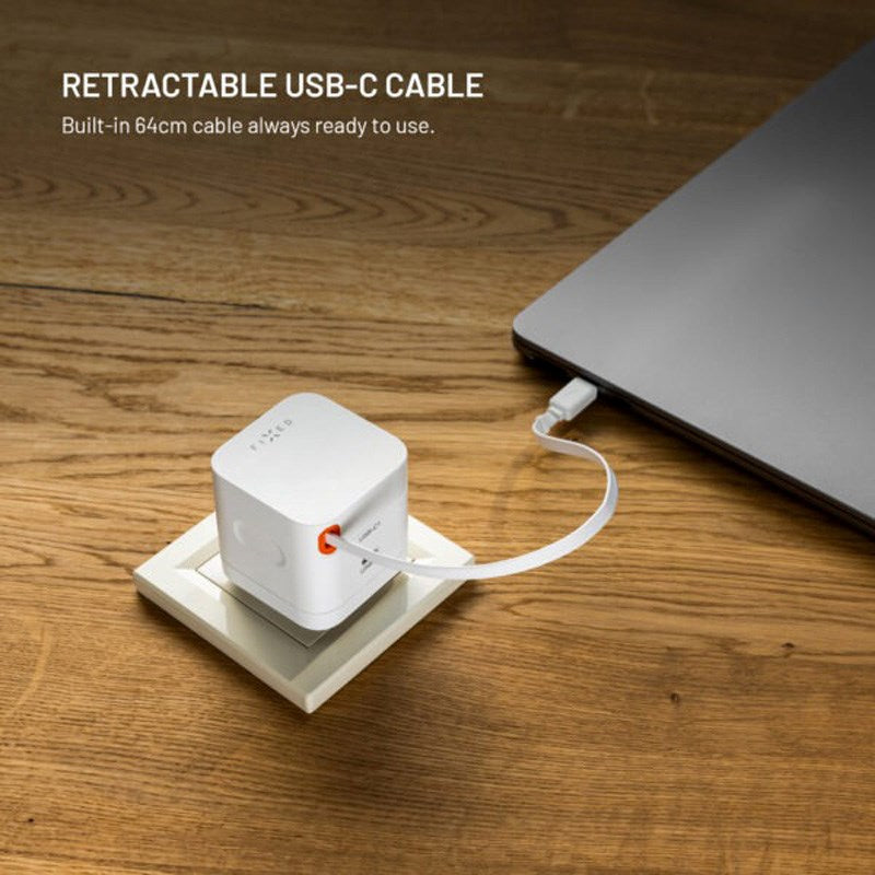 Fixed 65W USB-C Vægoplader m. Udtrækkeligt USB-C Kabel - Hvid