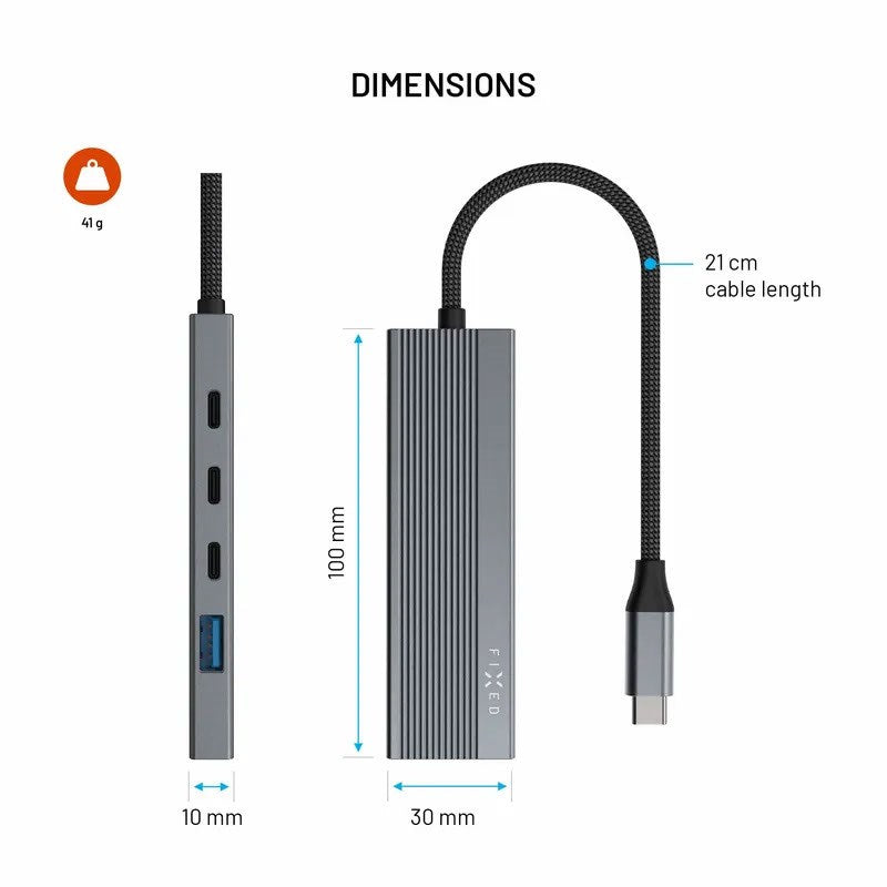 Fixed 5-i-1 USB-C Multiport m. 3 x USB-C 1 x USB-A 1 x HDMI - Sølv