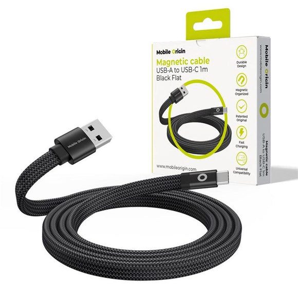Mobile Origin Fladt Magnetisk USB-A til USB-C Kabel - 1m - Sort