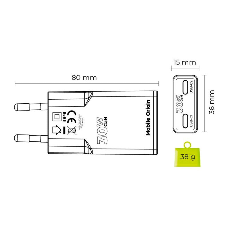 Mobile Origin MO18 30W Slim Vægoplader m. 2x USB-C - Hvid