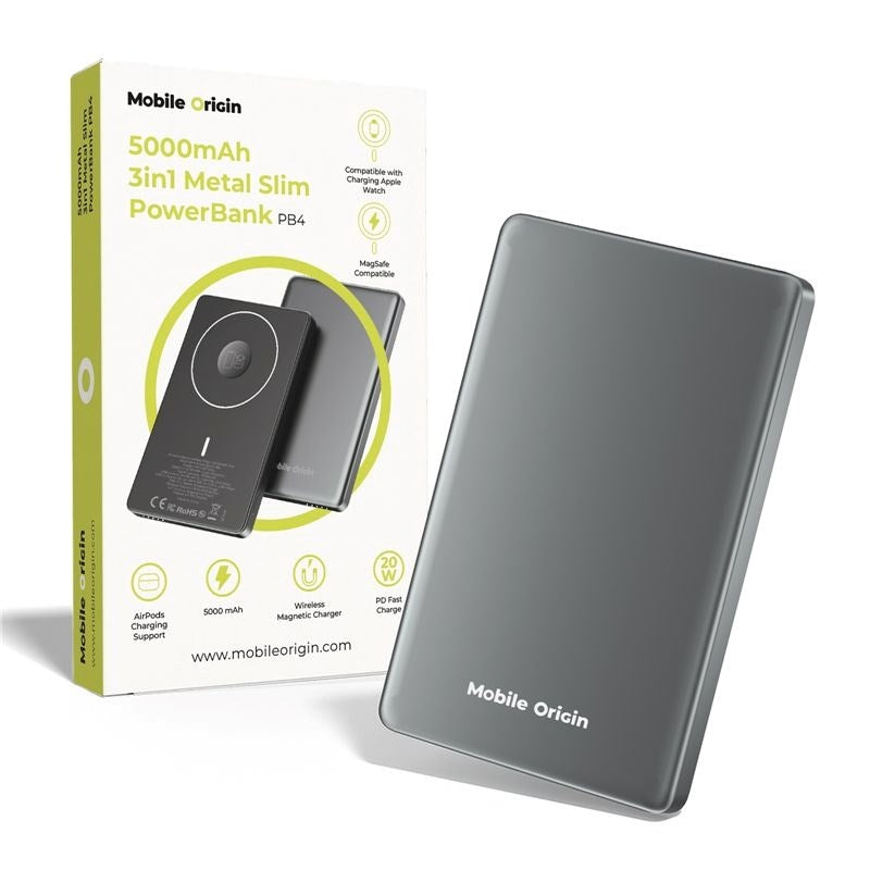 Mobile Origin 3-i-1 Powerbank 5000mAh Slim - MagSafe & Hurtig Opladning