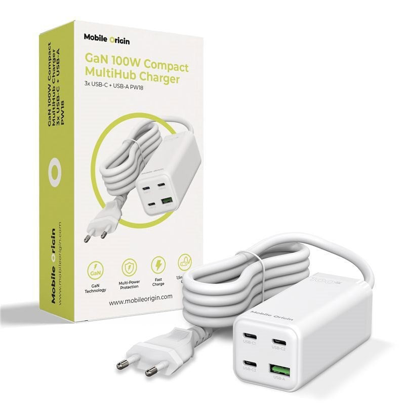Mobile Origin 100W USB-C Hub m. USB-A & Schukostik - Hvid