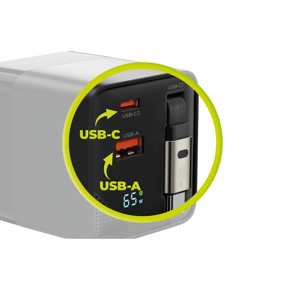 Mobile Origin Display Vægoplader m. 1 x USB-A / 1 x USB-C / 1 x Udtrækkelig USB-C Kabel - 65W - Sort