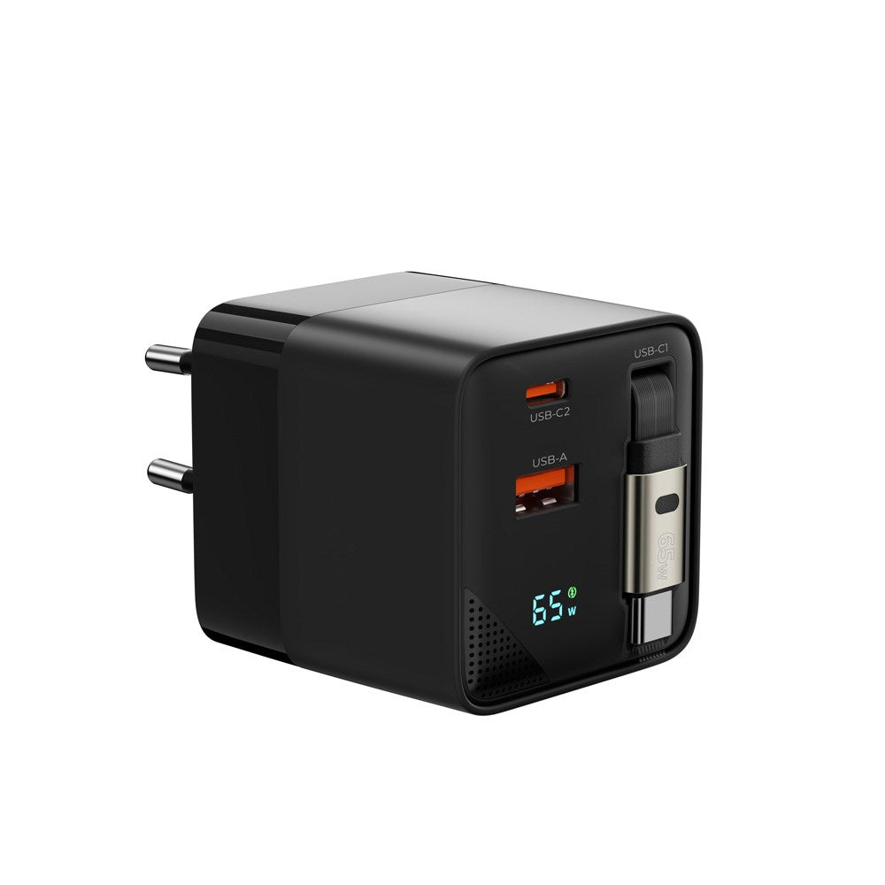 Mobile Origin Display Vægoplader m. 1 x USB-A / 1 x USB-C / 1 x Udtrækkelig USB-C Kabel - 65W - Sort
