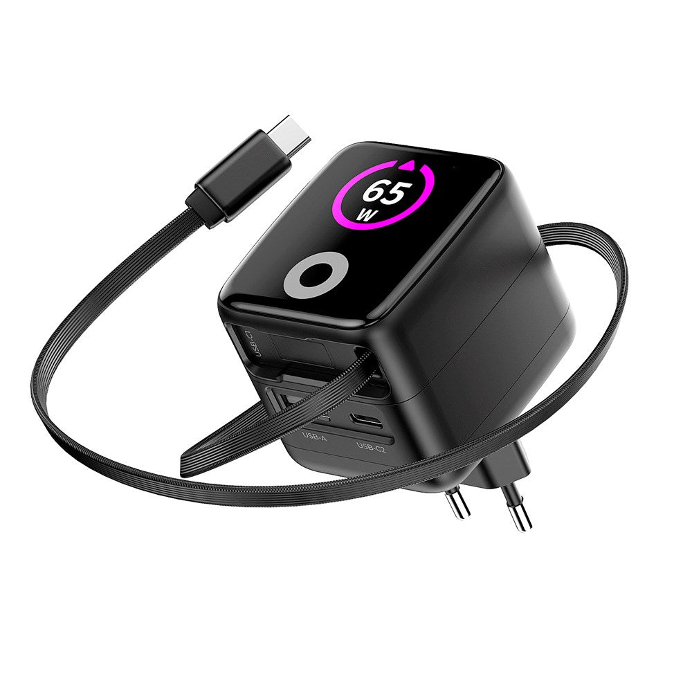 Mobile Origin GaN 65W Display Vægoplader m. 1 x USB-A / 1 x USB-C / 1 x Udtrækkelig USB-C Kabel - Sort
