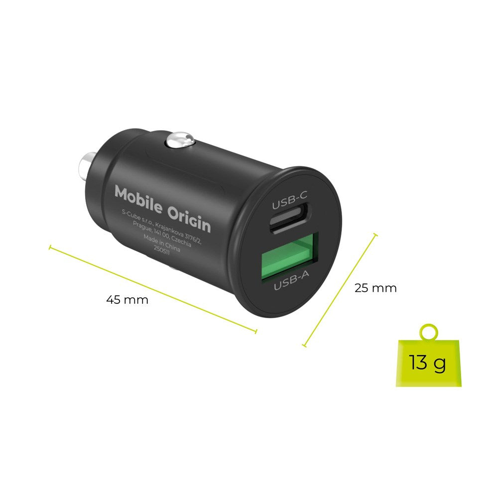 Mobile Origin 30W Biloplader m. 1 x USB-A & 1 x USB-C - Sort