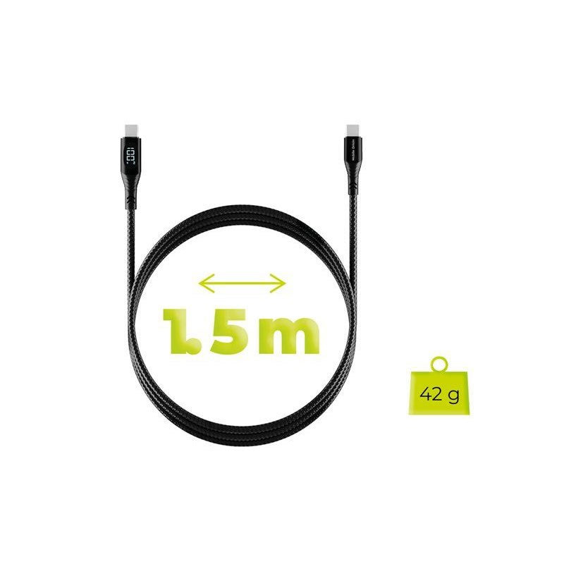 Mobile Origin 100W USB-C til USB-C Kabel m. Display - 1,5 m - Sort