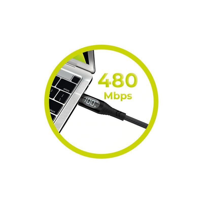 Mobile Origin 100W USB-C til USB-C Kabel m. Display - 1,5 m - Sort
