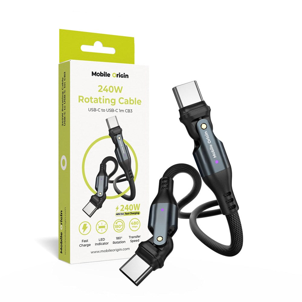 Mobile Origin 240W Roterende USB-C til USB-C Kabel - 1m - Sort