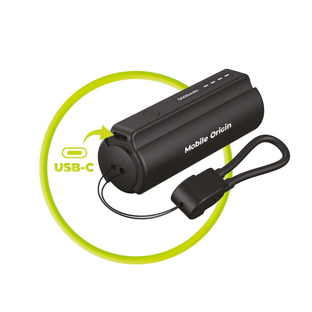 Mobile Origin 5000 mAh PowerBank m. Lommelygte & USB-C Kabel - Sort